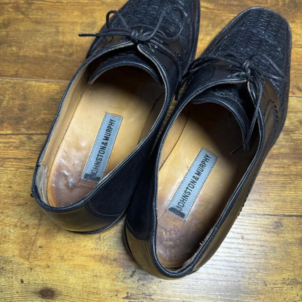 Johnston & Murphy Woven Vamp 15-0675 Black Leather Oxford Shoes Mens 8 M
